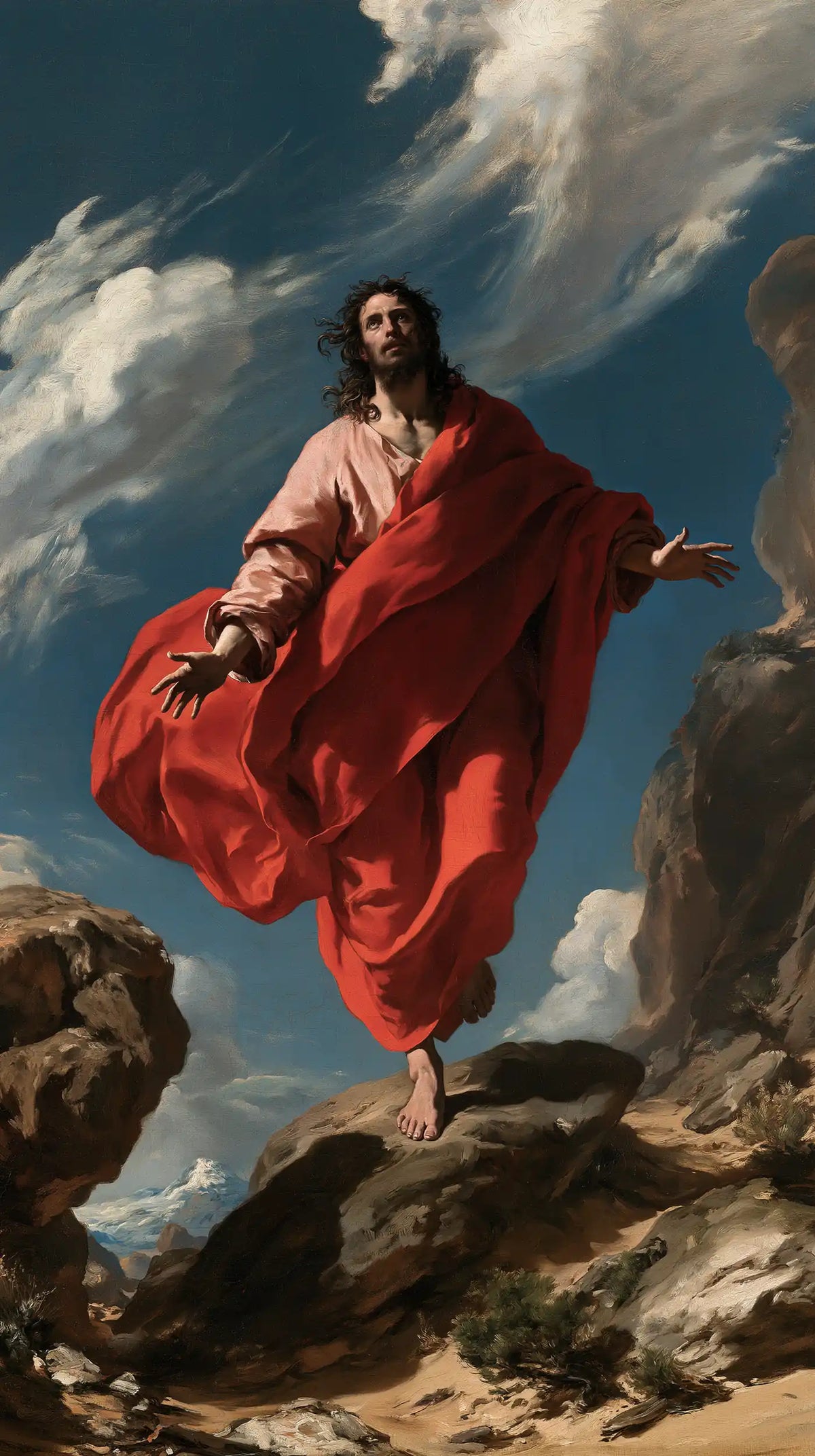 Jesus in the Desert — Light Crimson between the Dark Stones