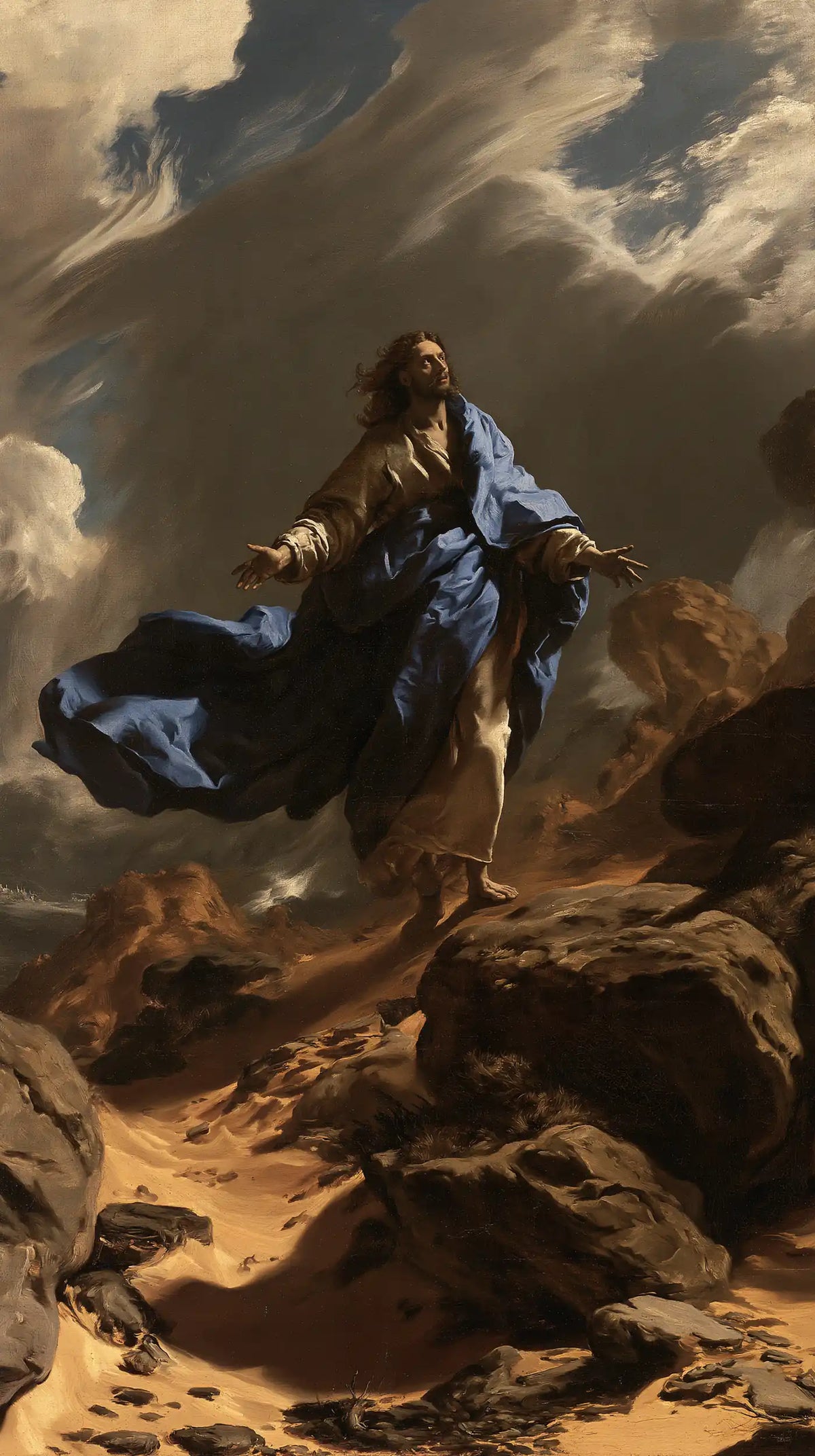 Jesus in the desert during the temptation in Theatrical Baroque style, portrait Christian artwork no. 7