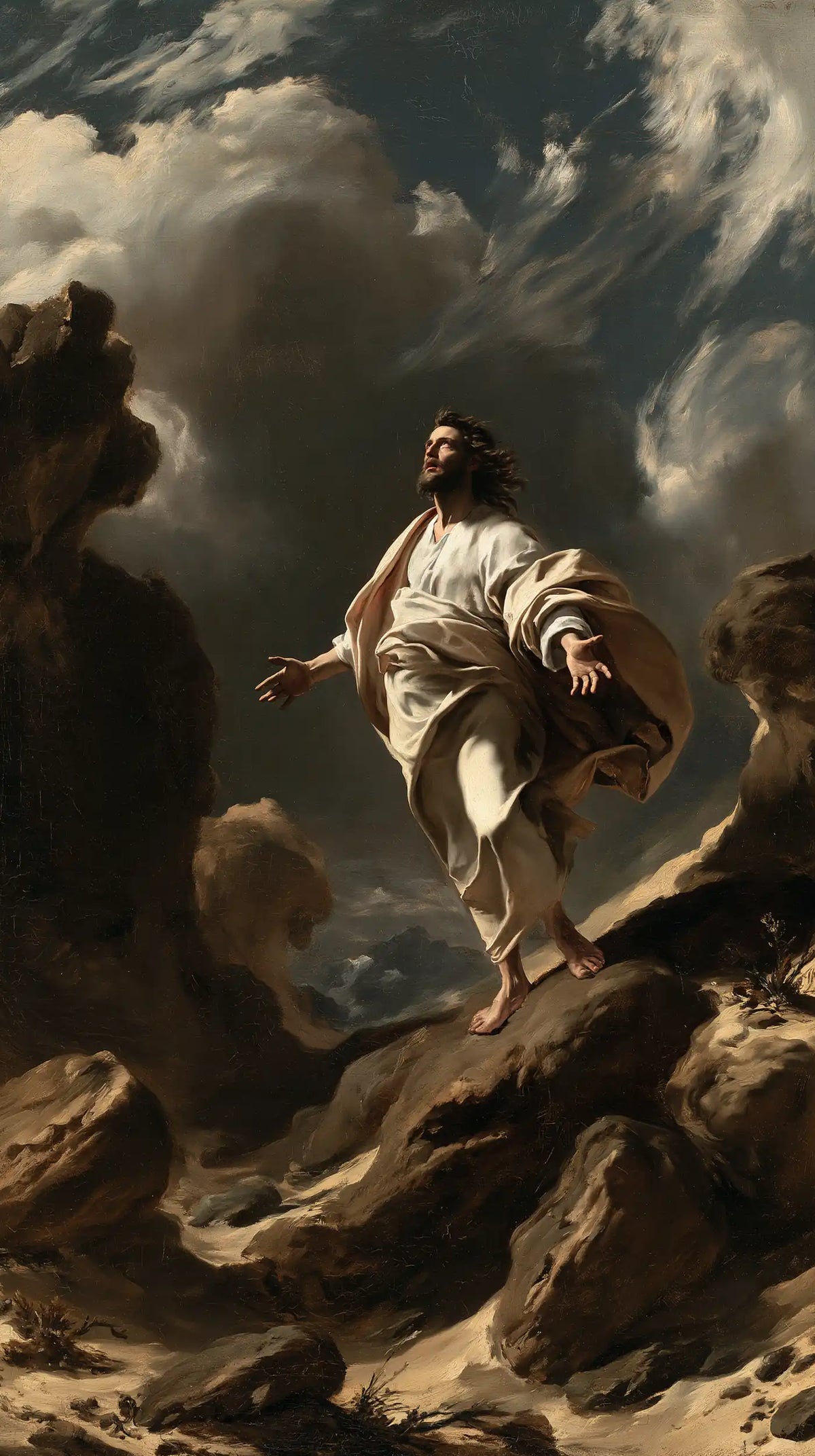 Jesus in the Desert — Hands Offered in the Corridor of Wind
