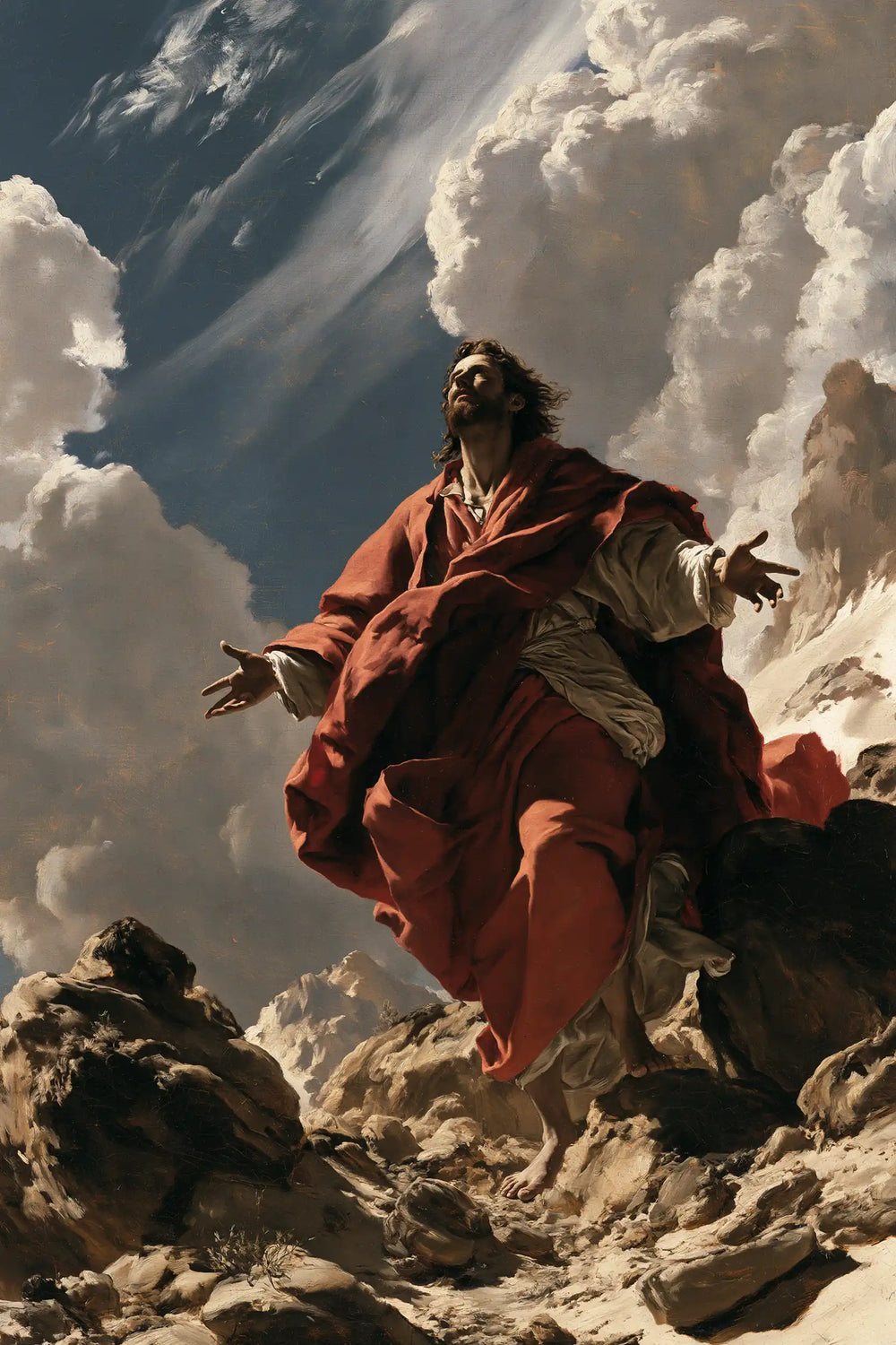Jesus in the desert during the temptation in Theatrical Baroque style, portrait Christian artwork no. 31