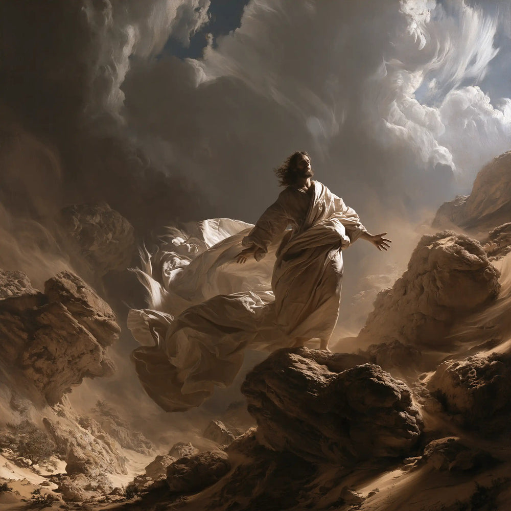 Jesus in the desert during the temptation in Theatrical Baroque style, square Christian artwork no. 4