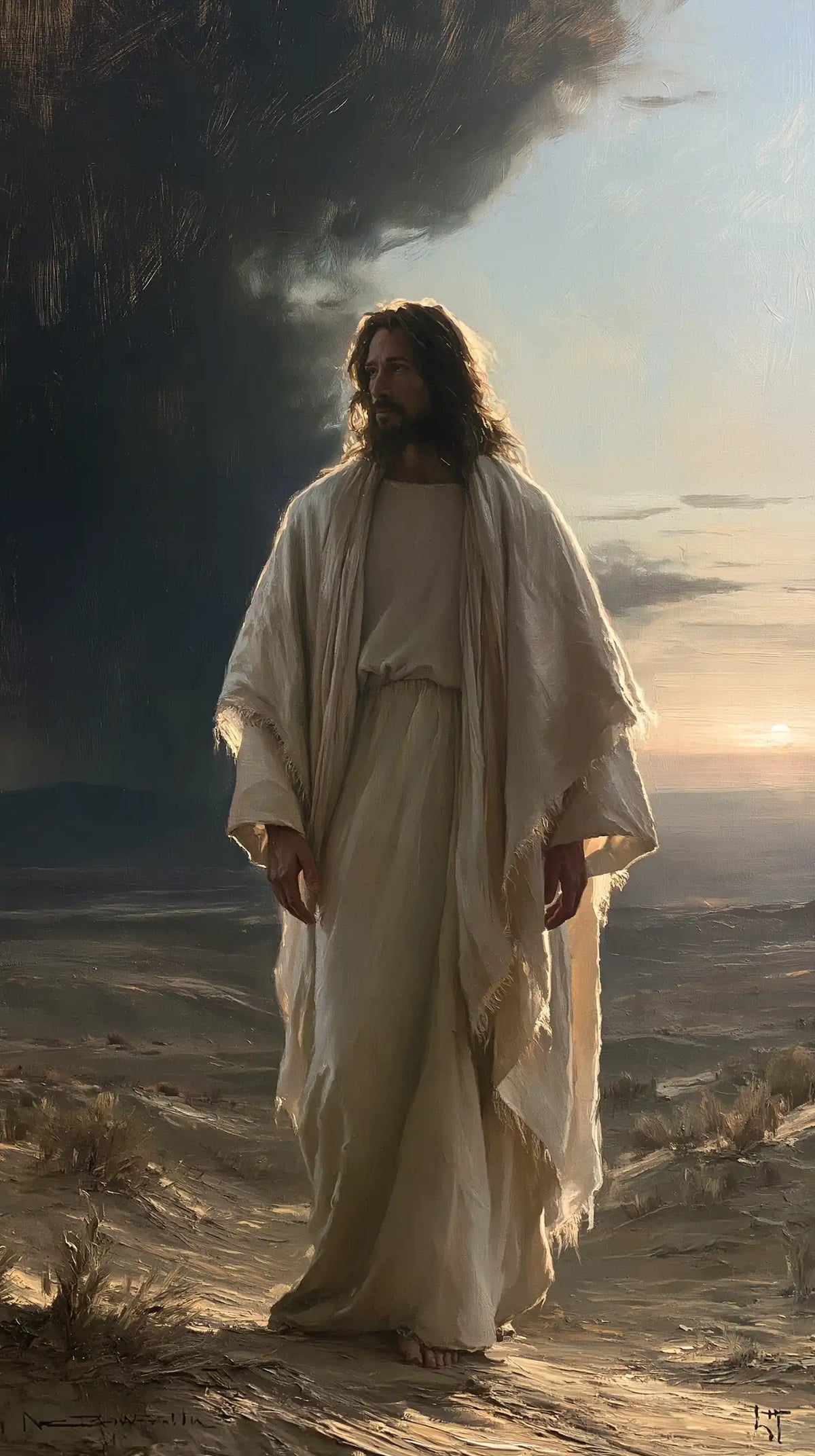 Jesus in the Desert — White Linen in the Silent Clearing Sky