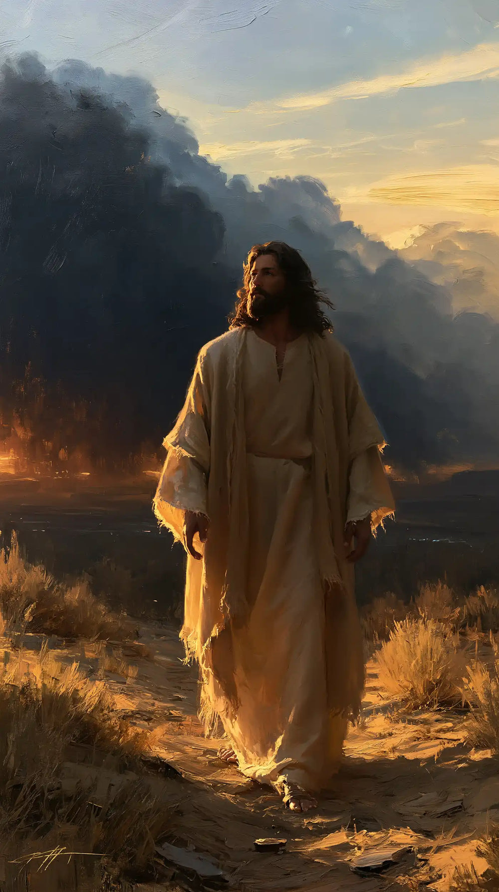 Jesus after his victory over temptation in the desert in Victory Over Temptation style, portrait Christian artwork no. 22