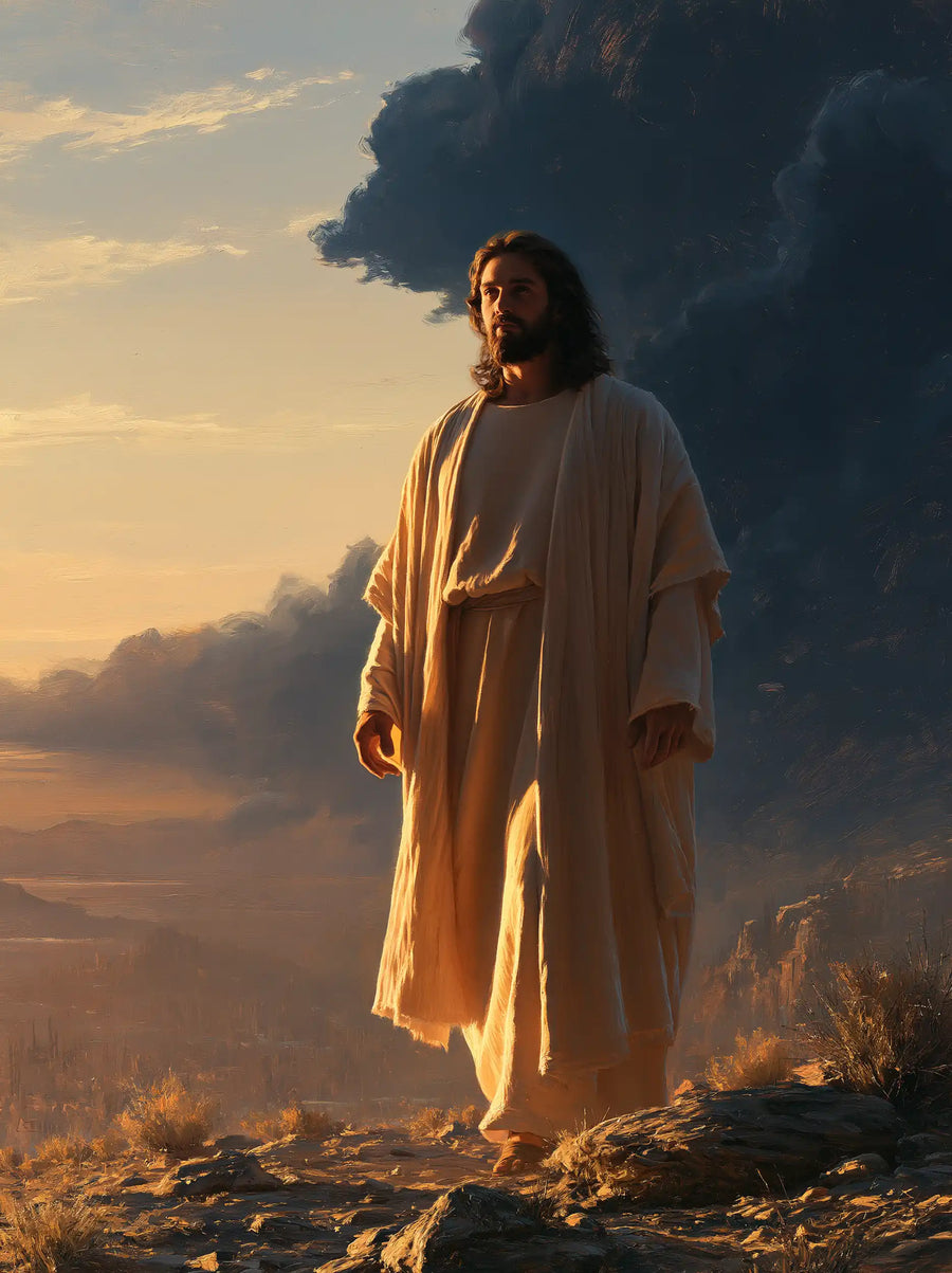 Jesus after his victory over temptation in the desert in Victory Over Temptation style, portrait Christian artwork no. 30