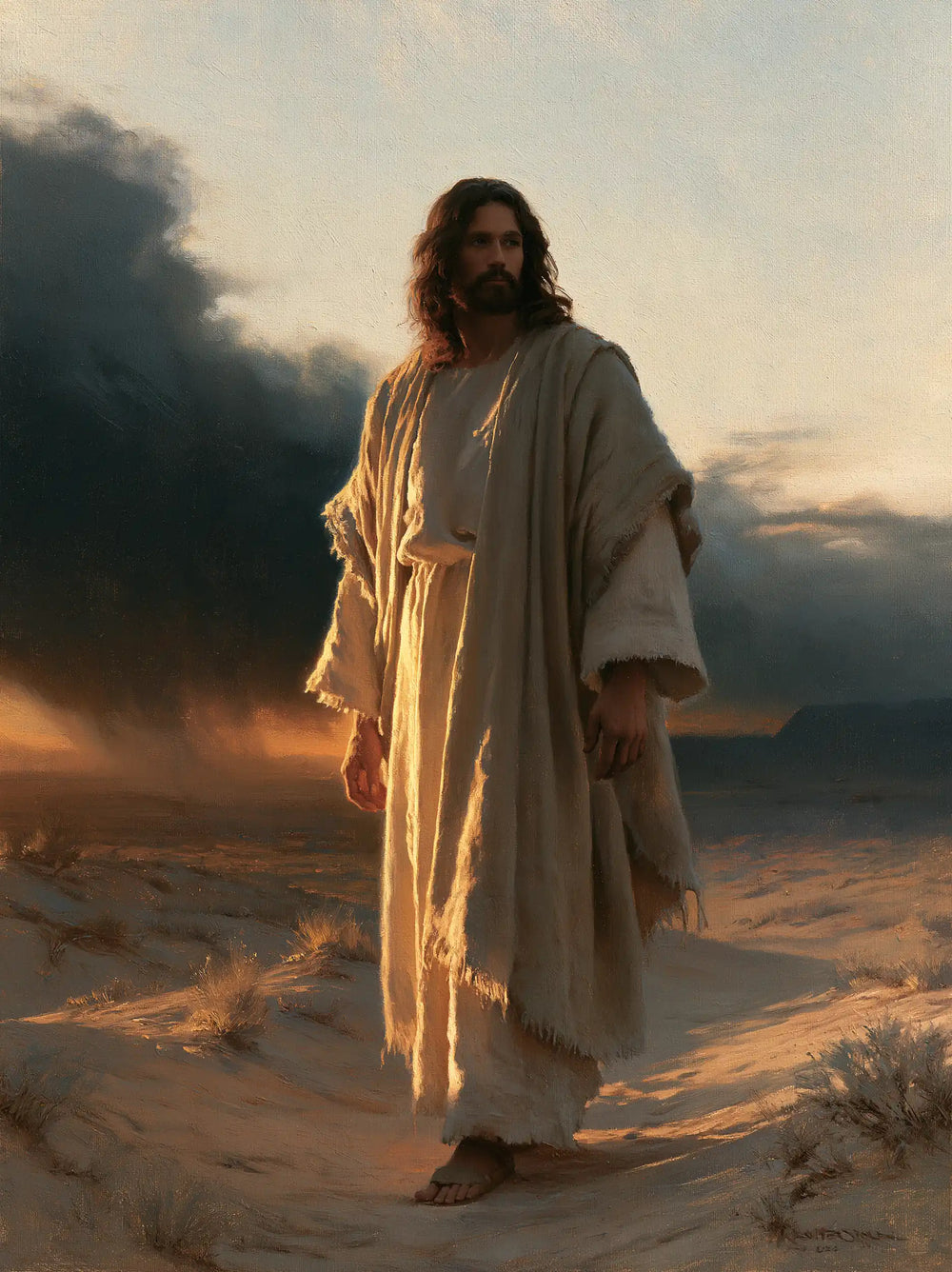 Jesus after his victory over temptation in the desert in Victory Over Temptation style, portrait Christian artwork no. 31