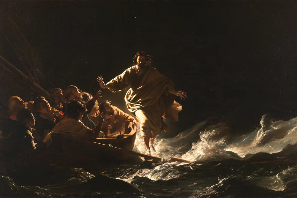 Jesus walking on water in Caravaggio Tenebrism style, landscape Christian artwork no. 11