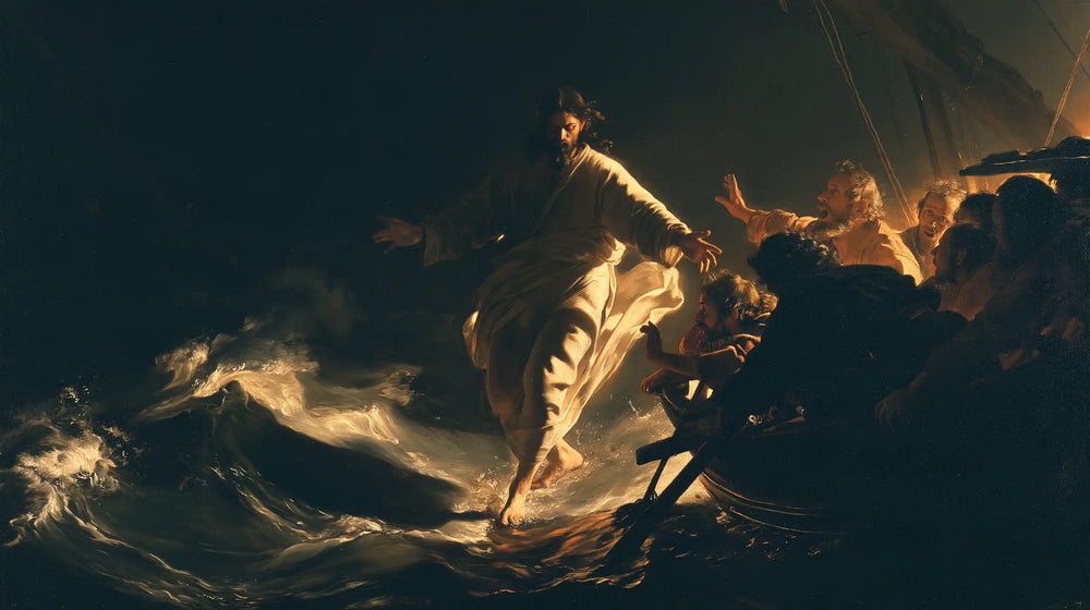 Jesus walking on water in Caravaggio Tenebrism style, landscape Christian artwork no. 14