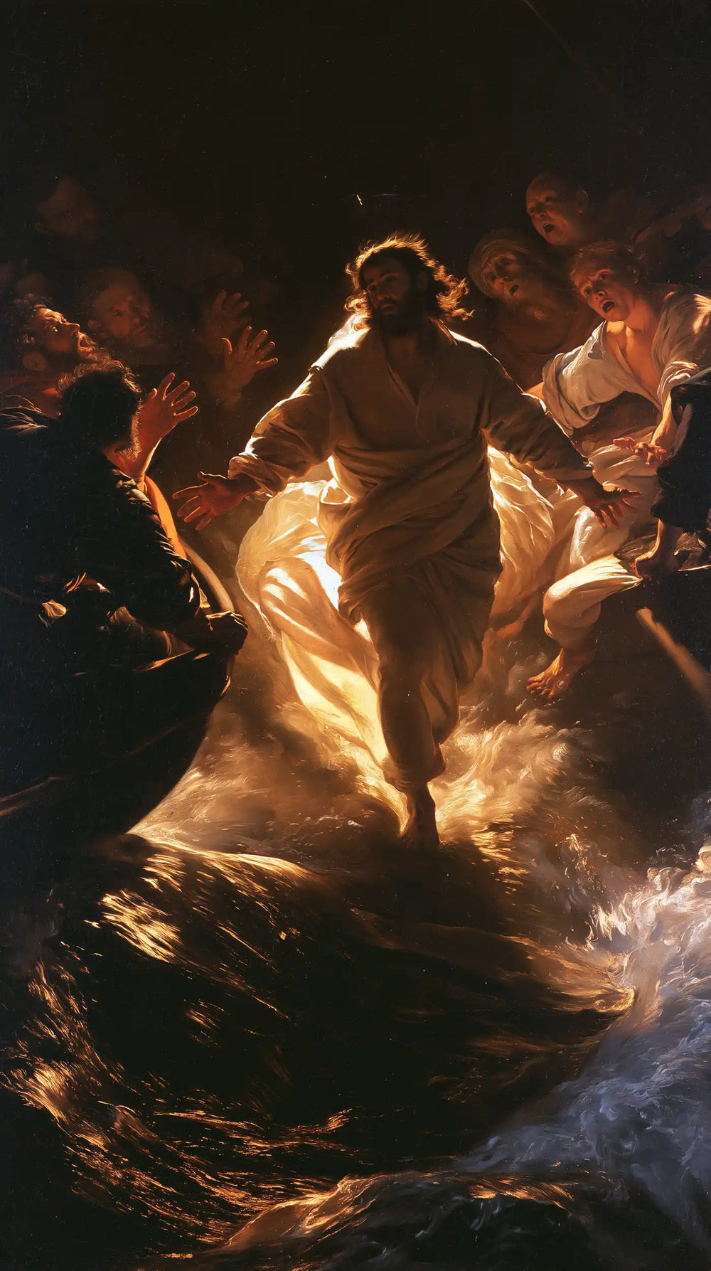 Jesus walking on water in Caravaggio Tenebrism style, portrait Christian artwork no. 14