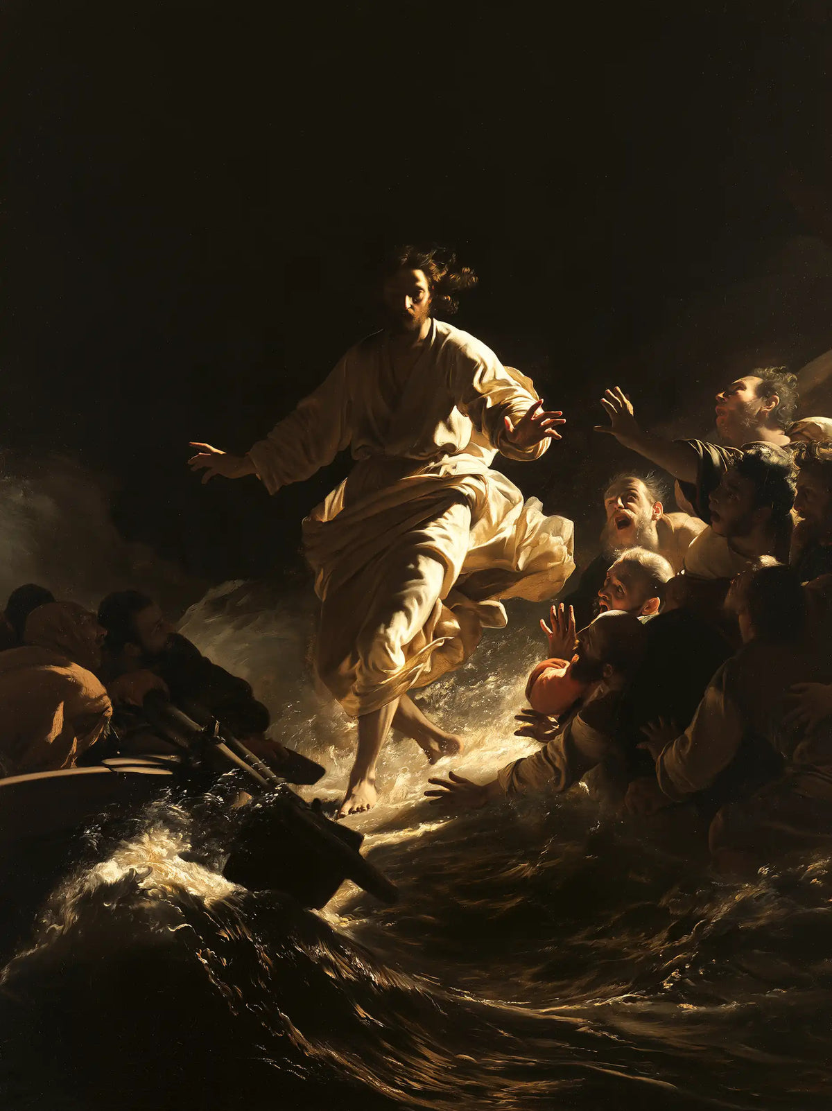 Jesus walking on water in Caravaggio Tenebrism style, portrait Christian artwork no. 34