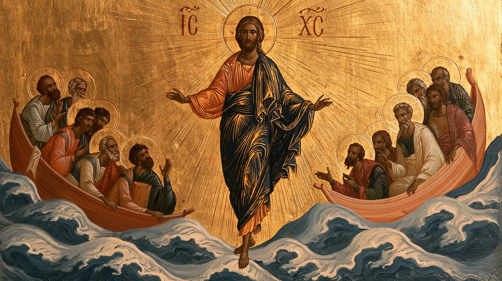 Jesus walking on water in Contemporary Byzantine style, landscape Christian artwork no. 7