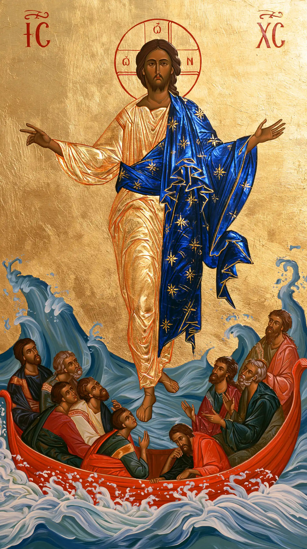 Jesus walking on water in Contemporary Byzantine style, portrait Christian artwork no. 7