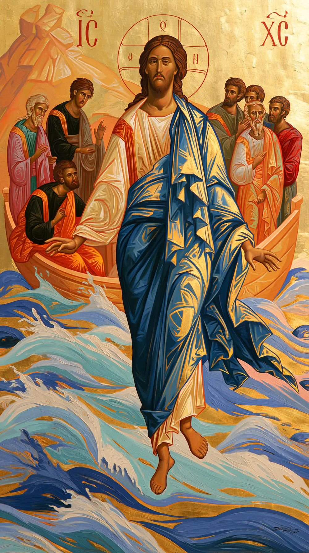 Jesus walking on water in Contemporary Byzantine style, portrait Christian artwork no. 8
