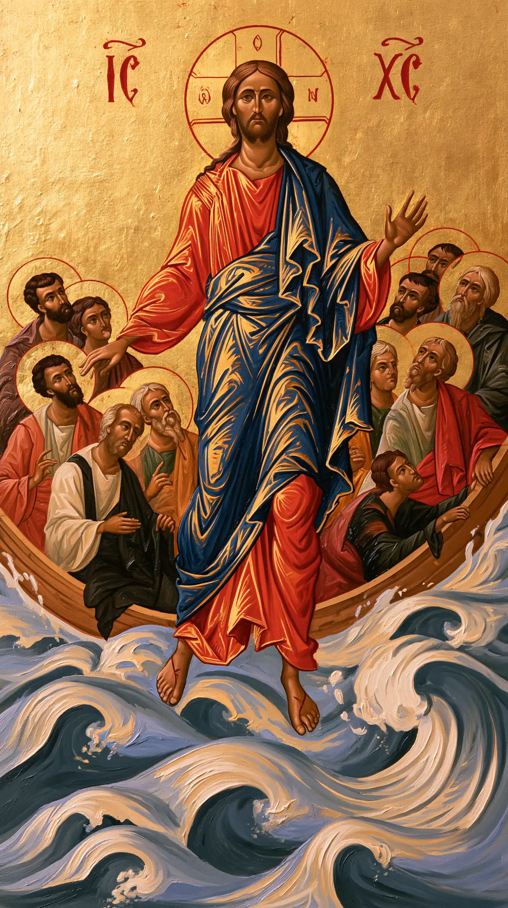 Jesus walking on water in Contemporary Byzantine style, portrait Christian artwork no. 12