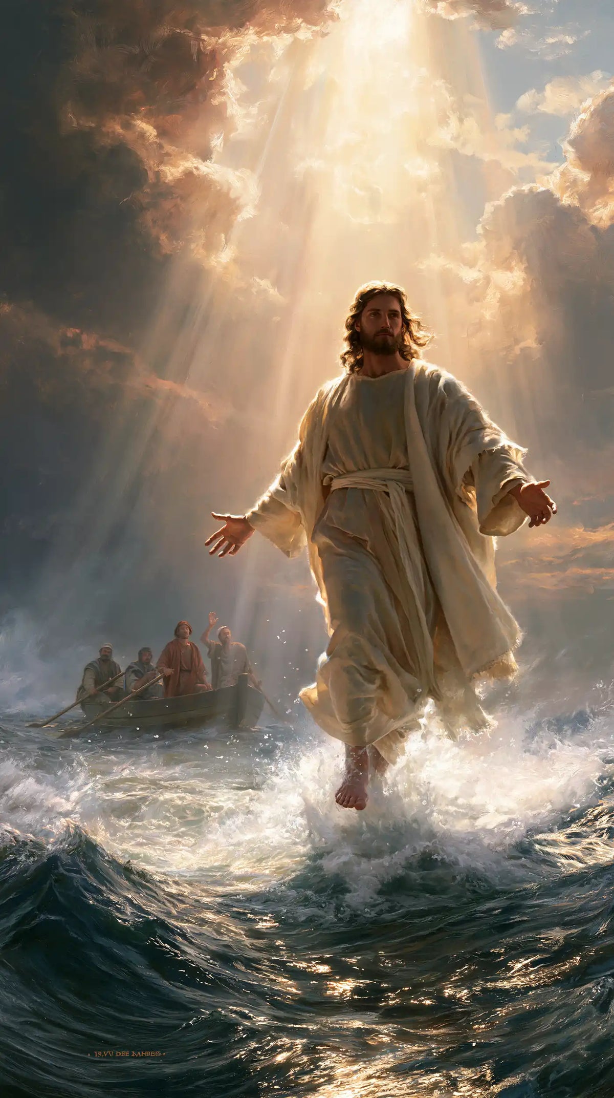 Jesus walking on water in Divine Light style, portrait Christian artwork no. 2