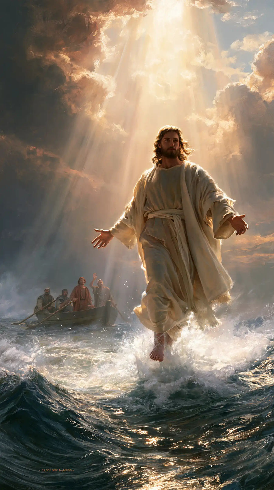 Jesus Walking on Water — The Step beneath the Rain of Light
