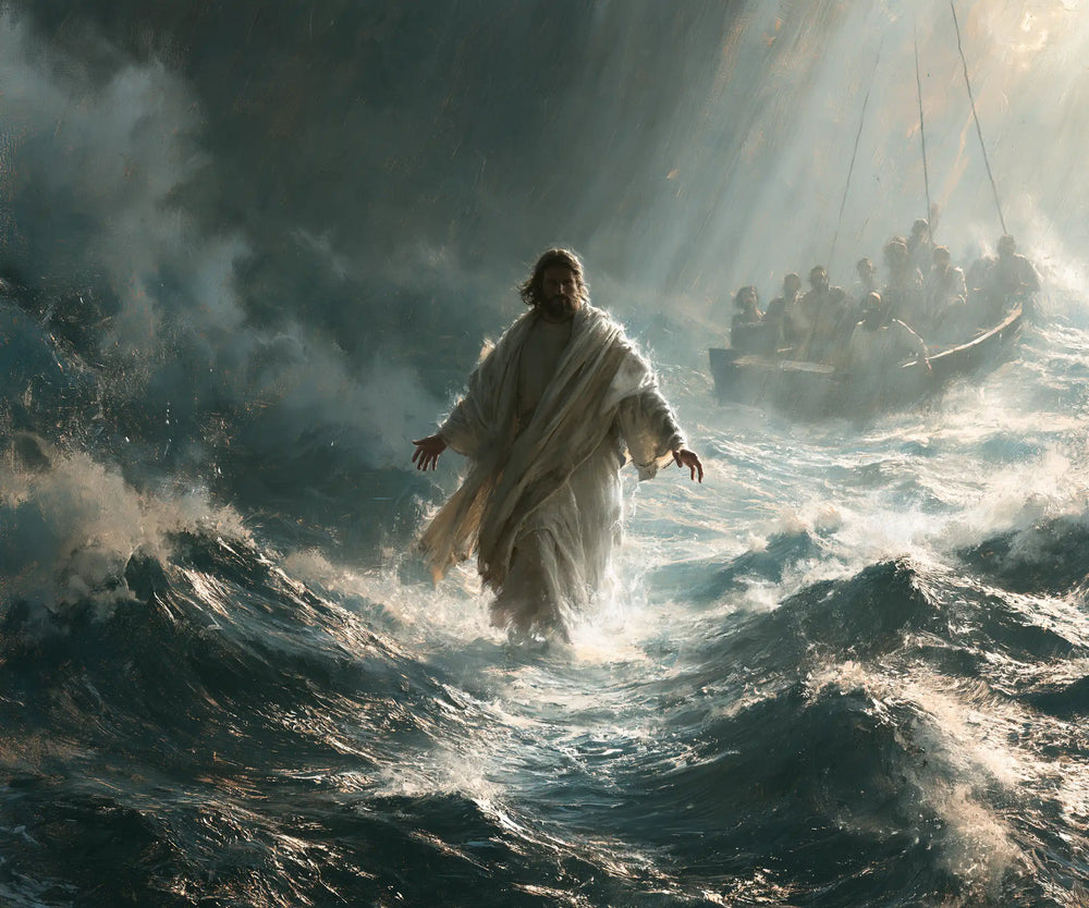 Jesus walking on water in Explosion of Movement style, landscape Christian artwork no. 3