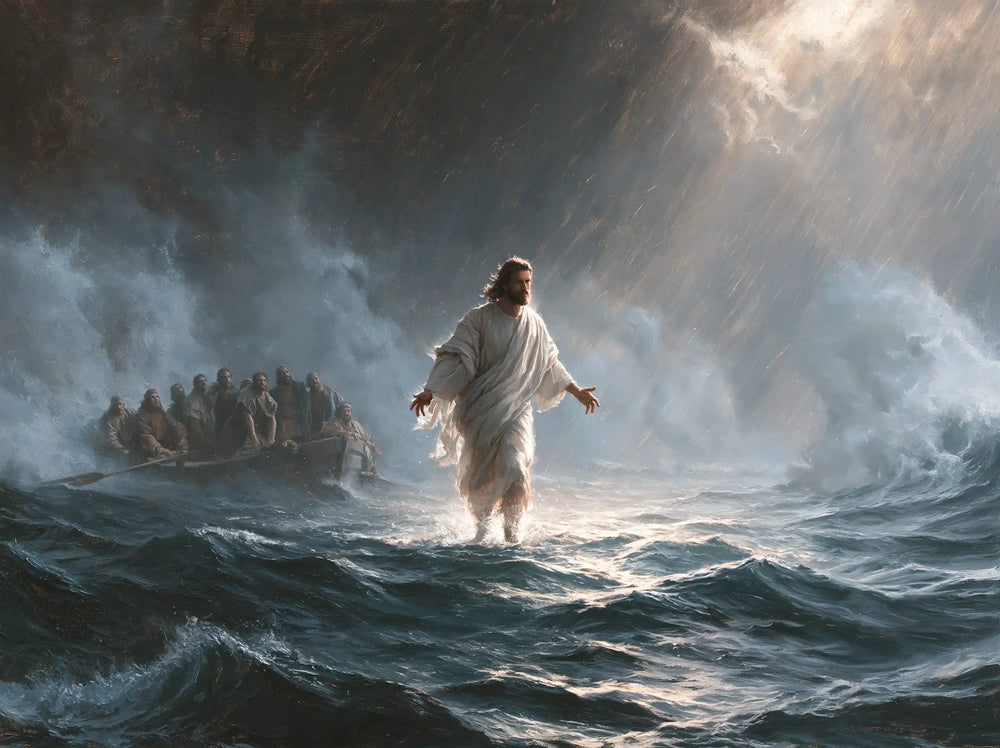 Jesus walking on water in Explosion of Movement style, landscape Christian artwork no. 7