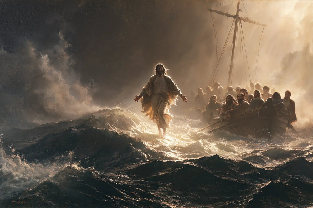 Jesus walking on water in Explosion of Movement style, landscape Christian artwork no. 10