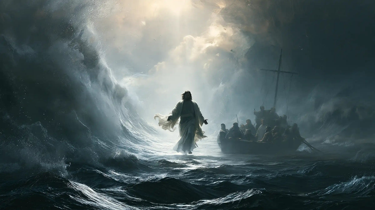 Jesus walking on water in Explosion of Movement style, landscape Christian artwork no. 11