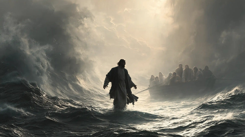 Jesus walking on water in Explosion of Movement style, landscape Christian artwork no. 15