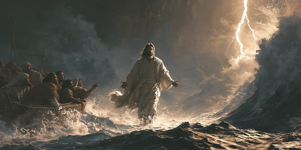 Jesus walking on water in Explosion of Movement style, landscape Christian artwork no. 18
