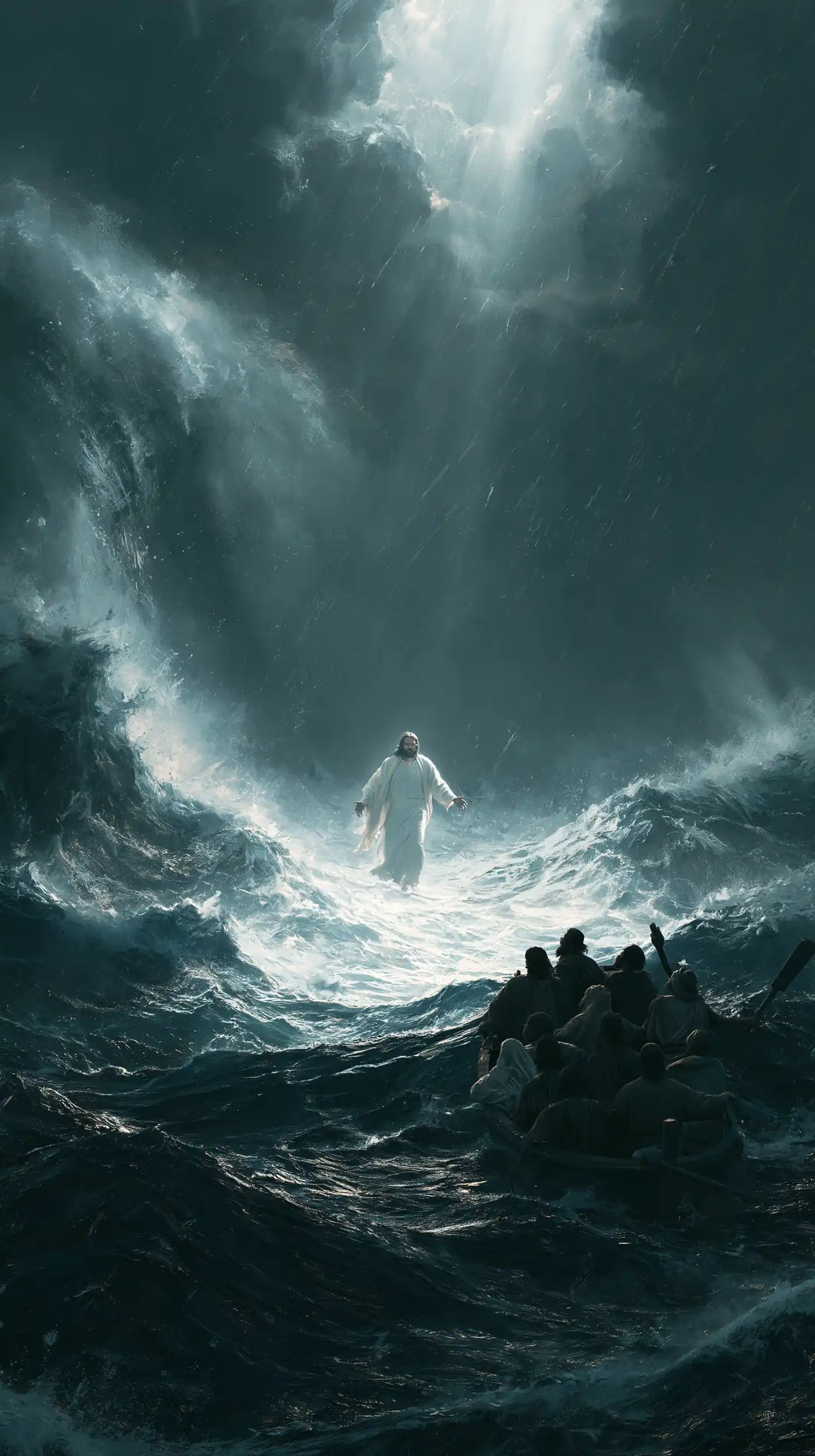 Jesus walking on water in Explosion of Movement style, portrait Christian artwork no. 2