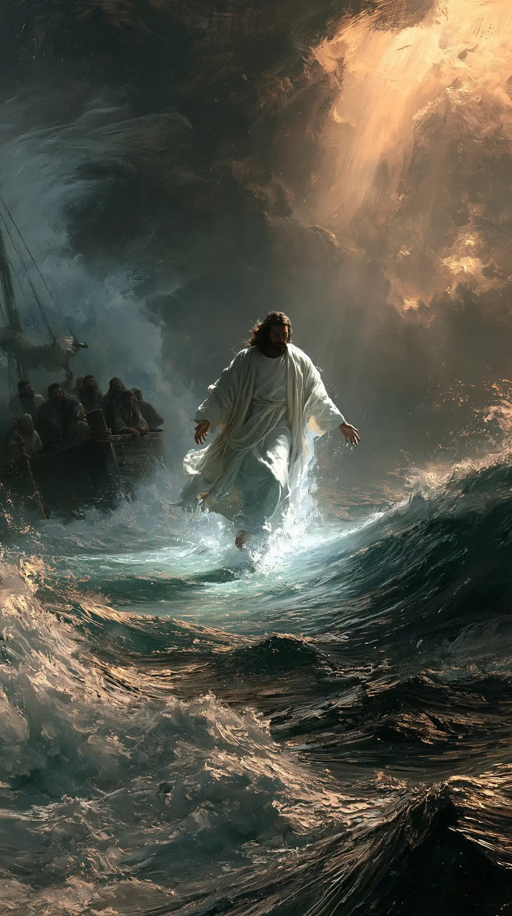 Jesus walking on water in Explosion of Movement style, portrait Christian artwork no. 8