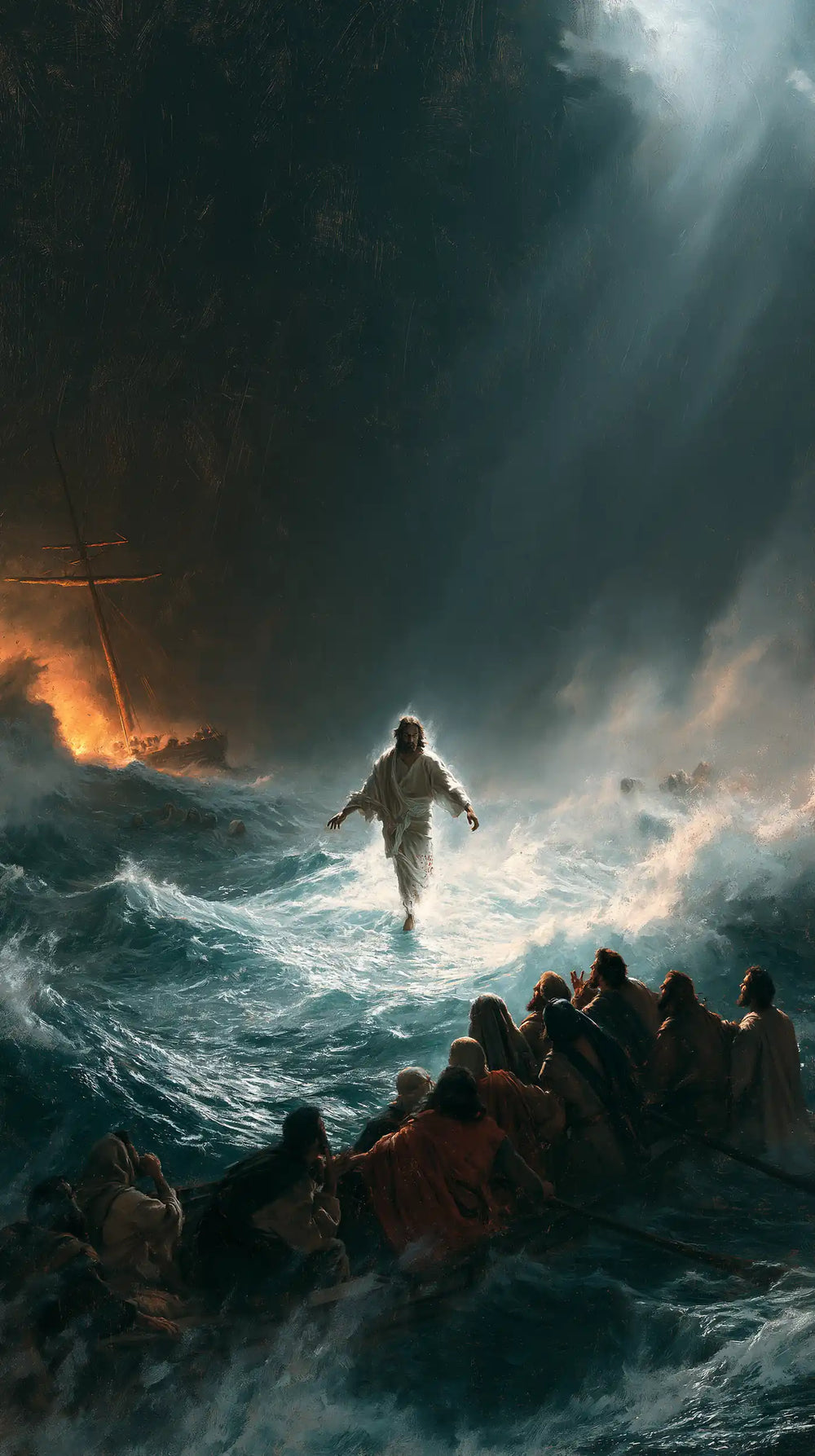 Jesus walking on water in Explosion of Movement style, portrait Christian artwork no. 20