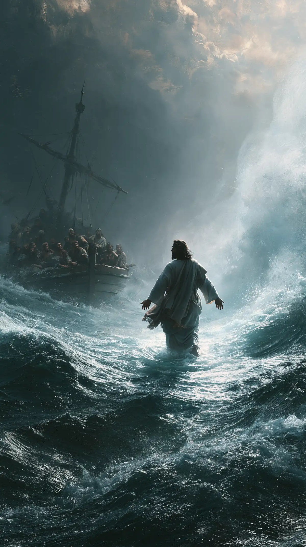 Jesus walking on water in Explosion of Movement style, portrait Christian artwork no. 25