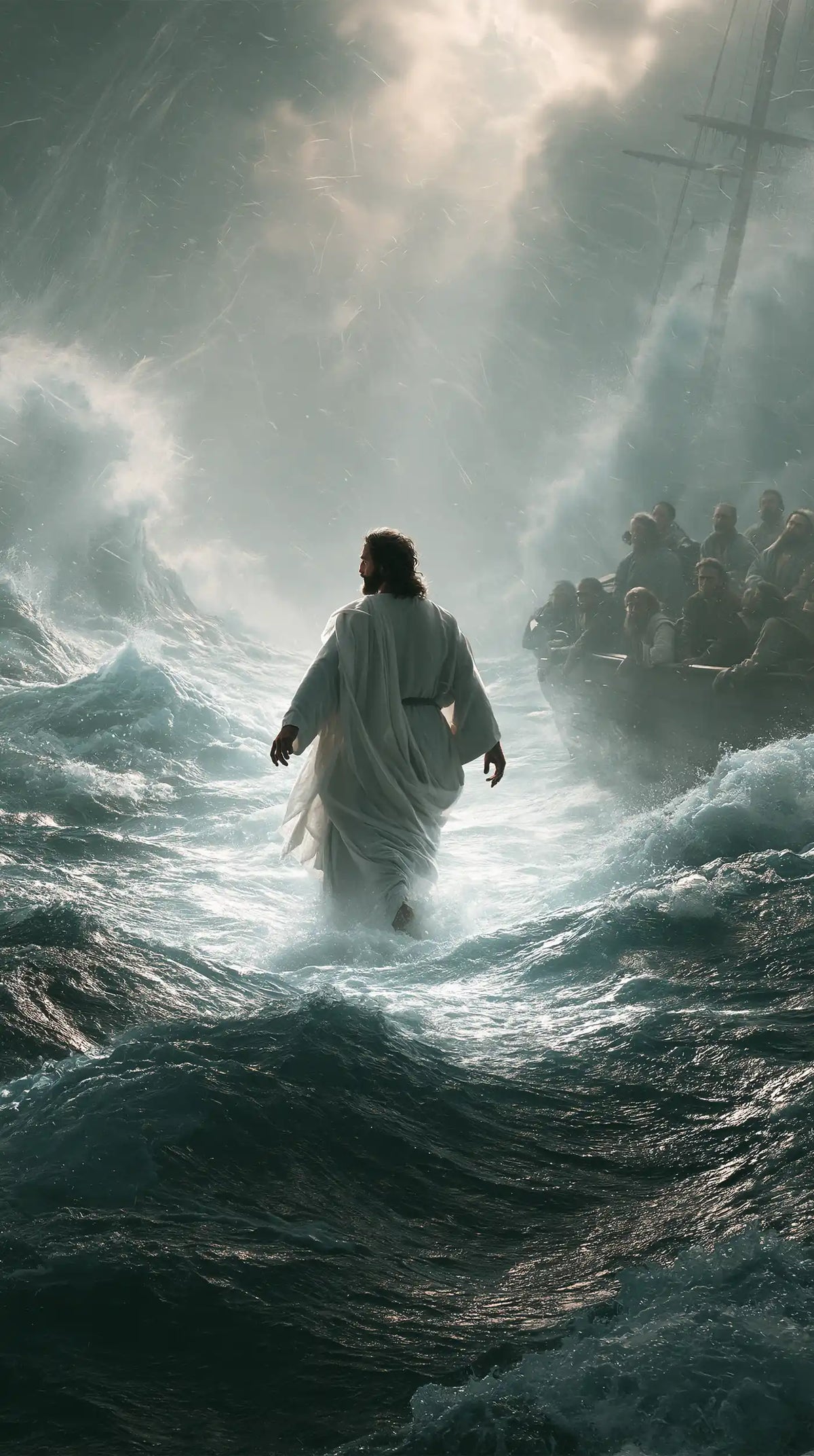 Jesus walking on water in Explosion of Movement style, portrait Christian artwork no. 31