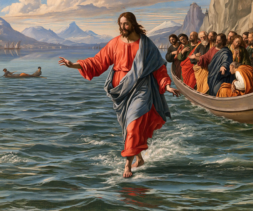 Jesus walking on water in Florentine Renaissance style, landscape Christian artwork no. 6