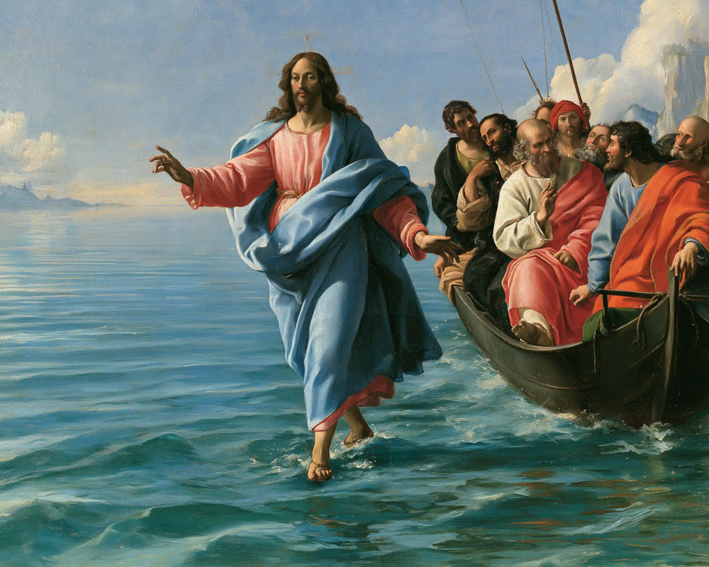 Jesus walking on water in Florentine Renaissance style, landscape Christian artwork no. 8