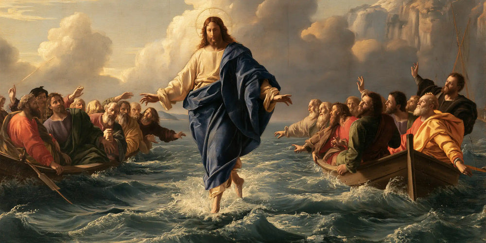 Jesus walking on water in Florentine Renaissance style, landscape Christian artwork no. 30
