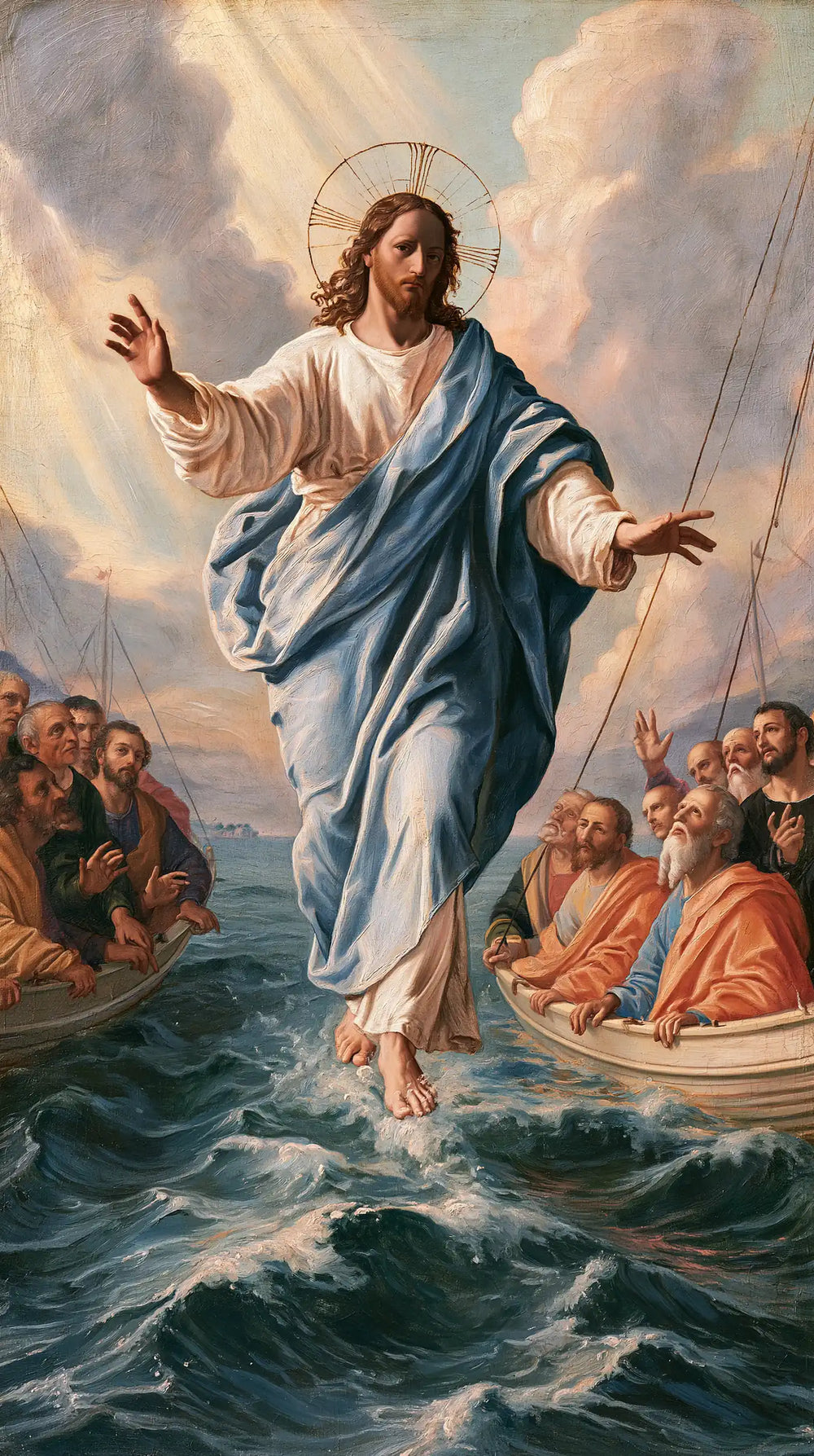 Jesus walking on water in Florentine Renaissance style, portrait Christian artwork no. 5