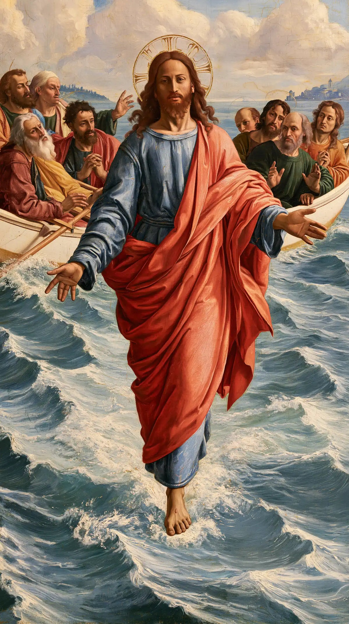 Jesus walking on water in Florentine Renaissance style, portrait Christian artwork no. 15
