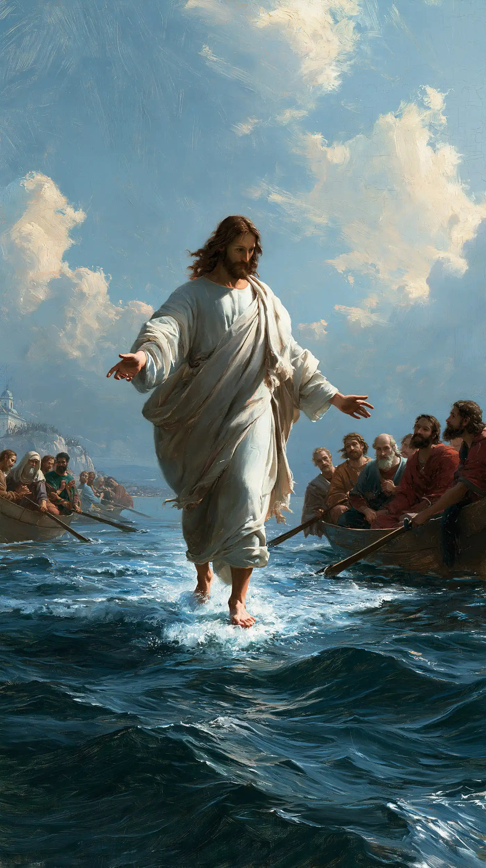 Jesus walking on water in Florentine Renaissance style, portrait Christian artwork no. 17