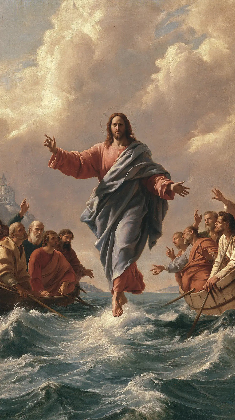 Jesus walking on water in Florentine Renaissance style, portrait Christian artwork no. 22