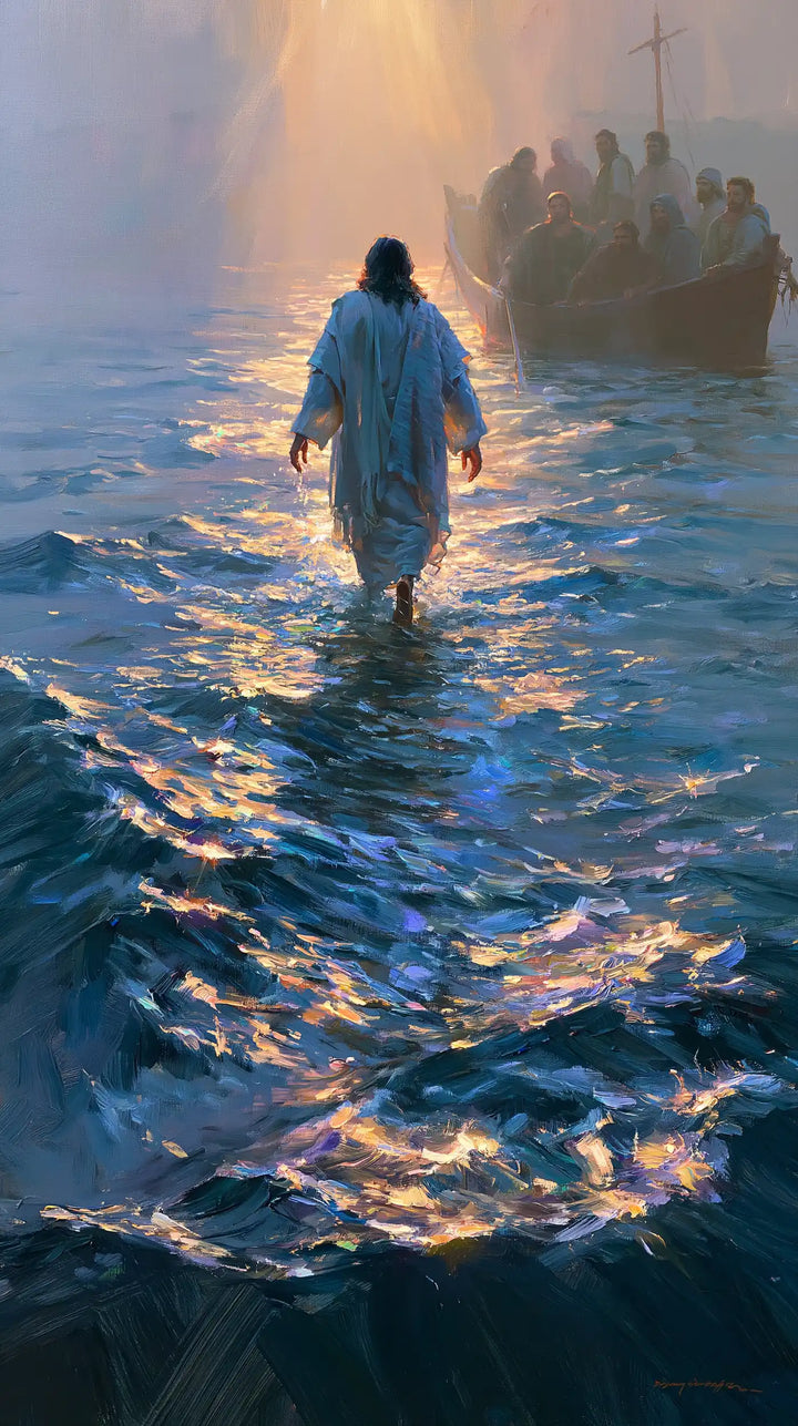 Jesus Walking on Water — Blue beneath the Veil of Warm Light