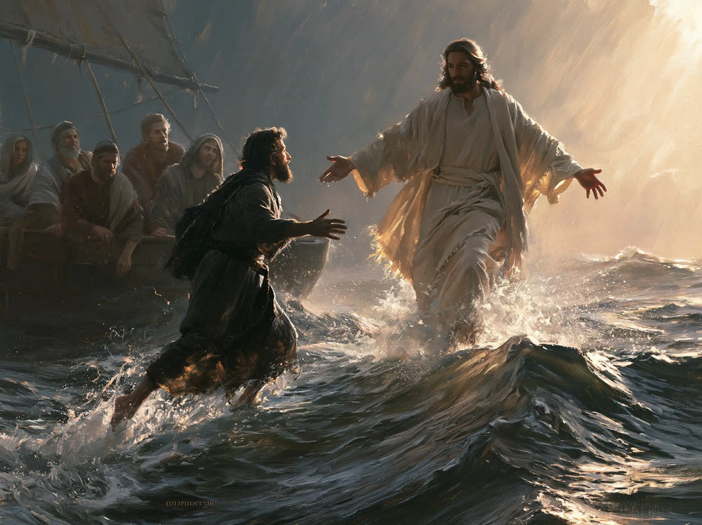 Jesus walking on water and calling Peter in Jesus Calls Peter style, landscape Christian artwork no. 2