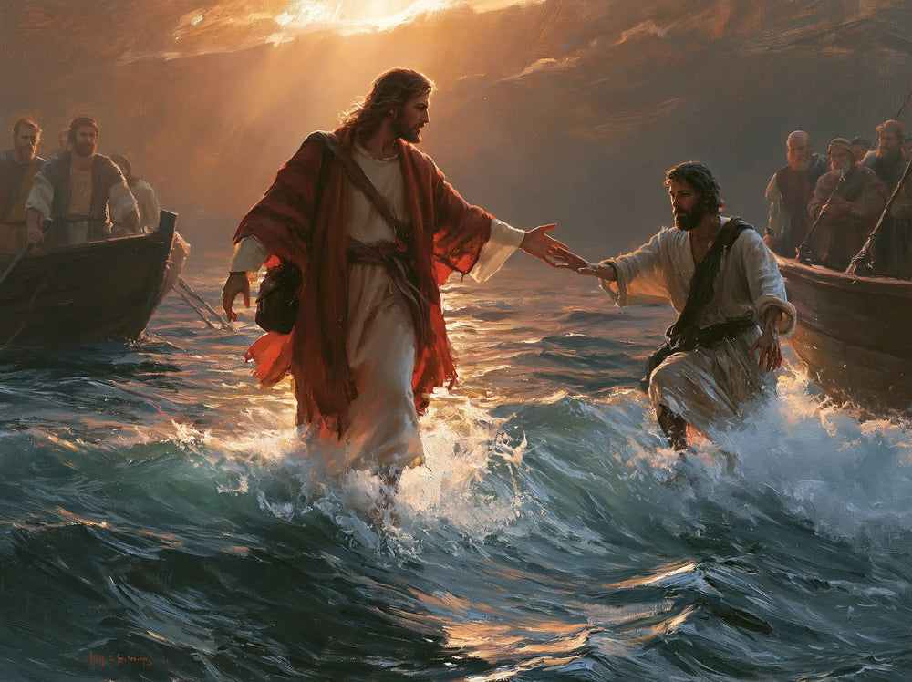 Jesus walking on water and calling Peter in Jesus Calls Peter style, landscape Christian artwork no. 5