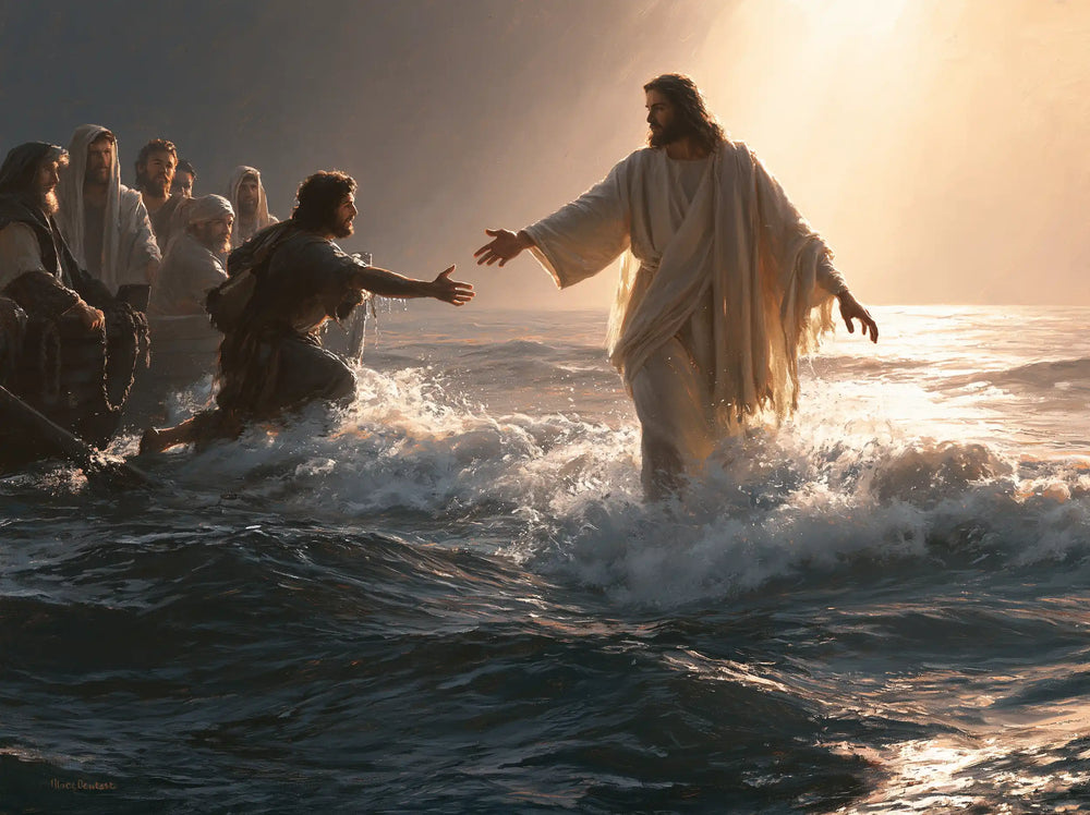 Jesus walking on water and calling Peter in Jesus Calls Peter style, landscape Christian artwork no. 6