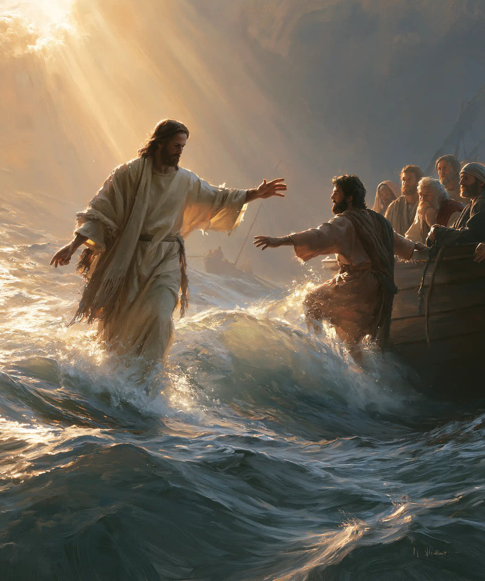 Jesus walking on water and calling Peter in Jesus Calls Peter style, portrait Christian artwork no. 13