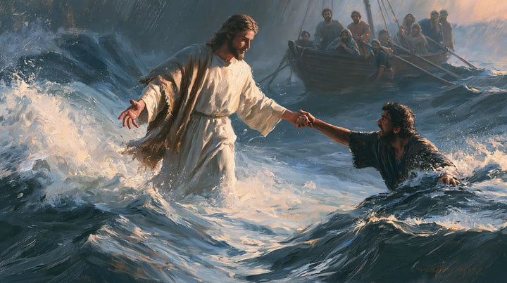 Jesus Walking on Water — The Arm Reaching from the Blue Wave