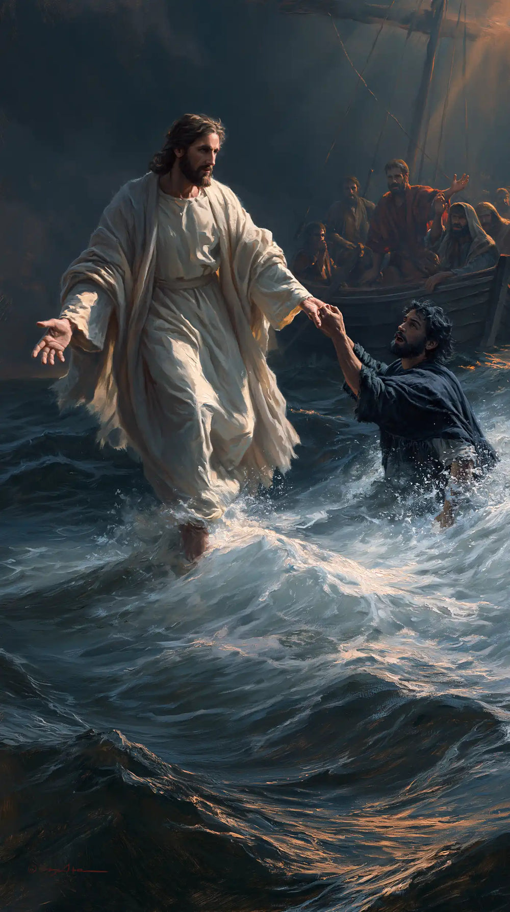 Jesus walking on water and saving Peter in Jesus Saves Peter style, portrait Christian artwork no. 2