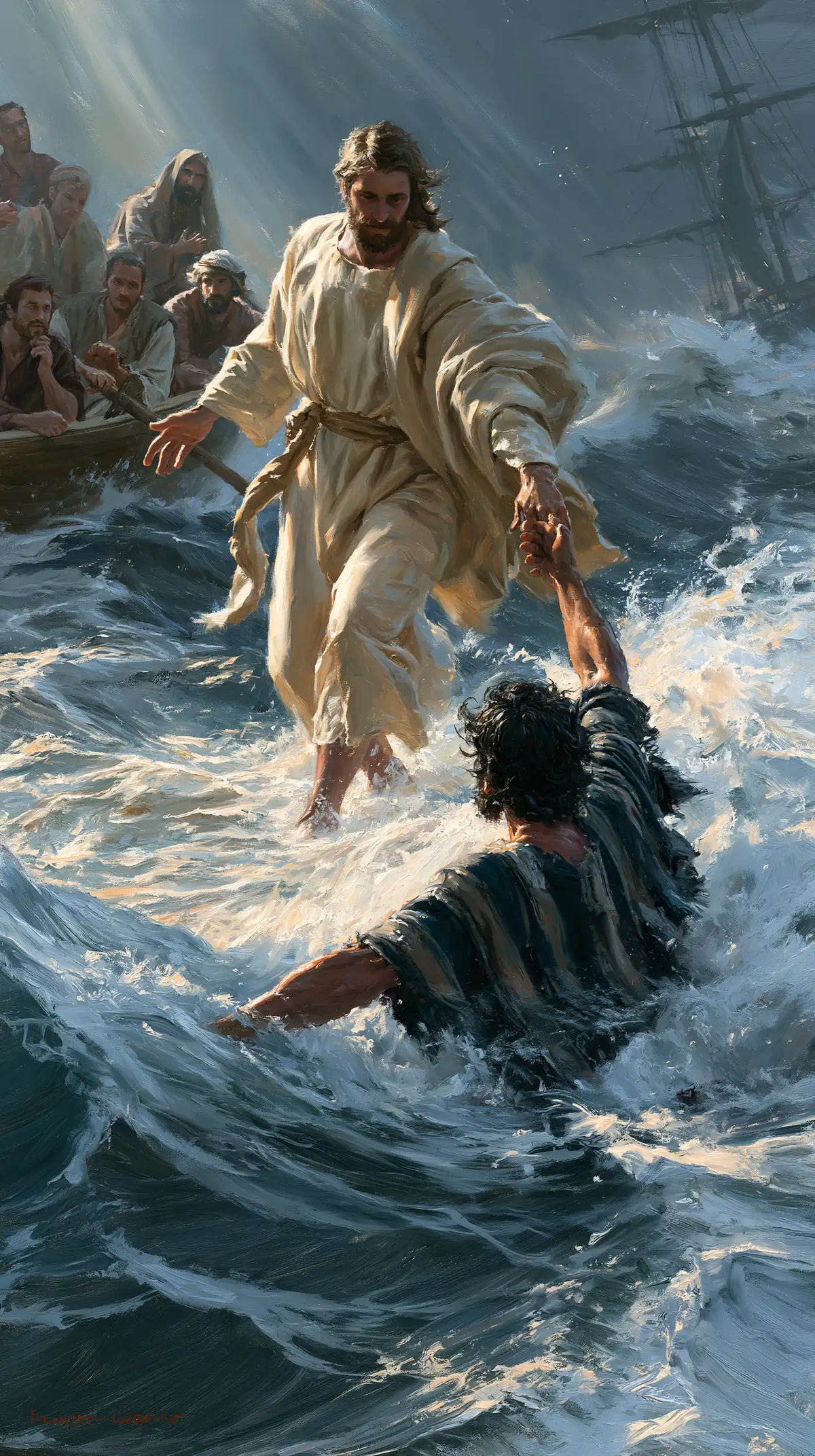 Jesus walking on water and saving Peter in Jesus Saves Peter style, portrait Christian artwork no. 12