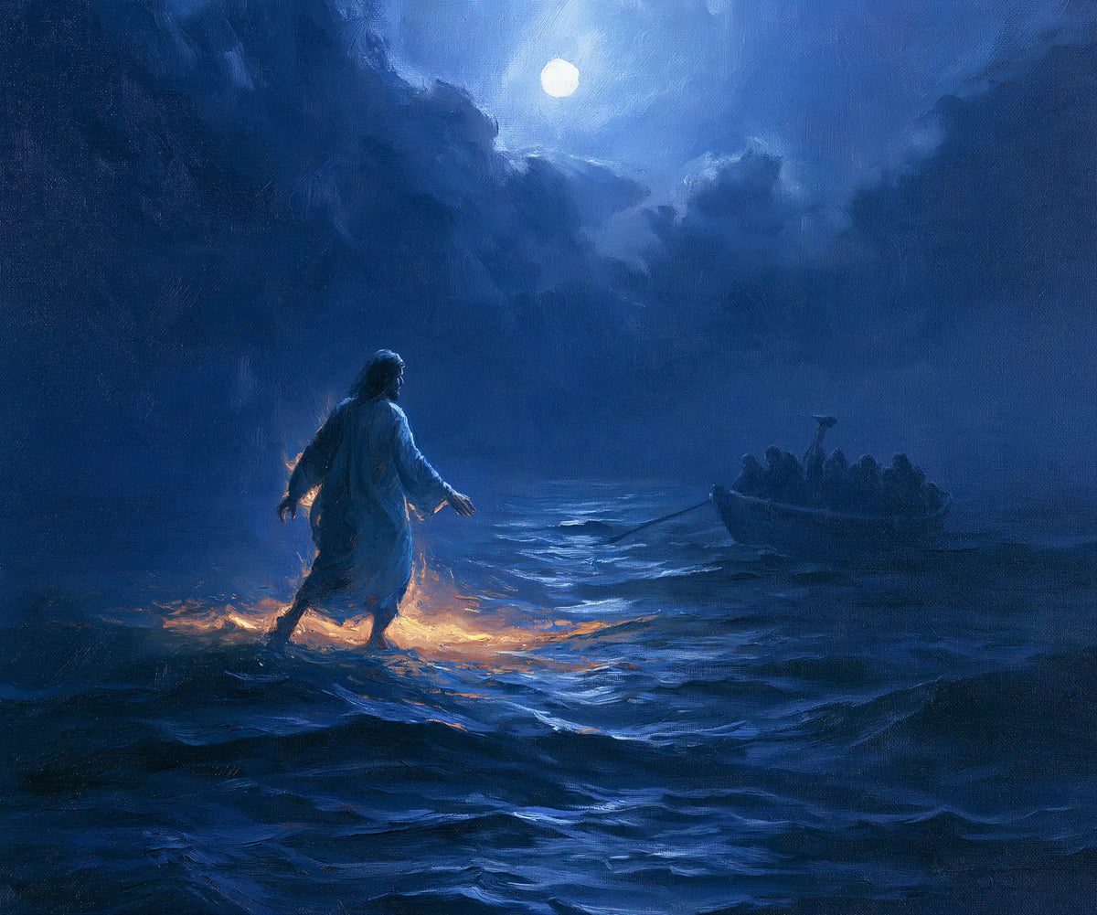 Jesus Walking on Water — Ember Steps beneath the Blue Moon