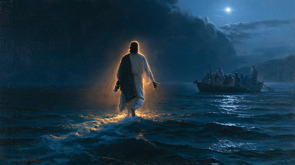 Jesus walking on water in Midnight Blue Chiaroscuro style, landscape Christian artwork no. 11