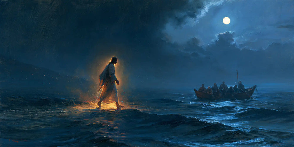 Jesus walking on water in Midnight Blue Chiaroscuro style, landscape Christian artwork no. 12