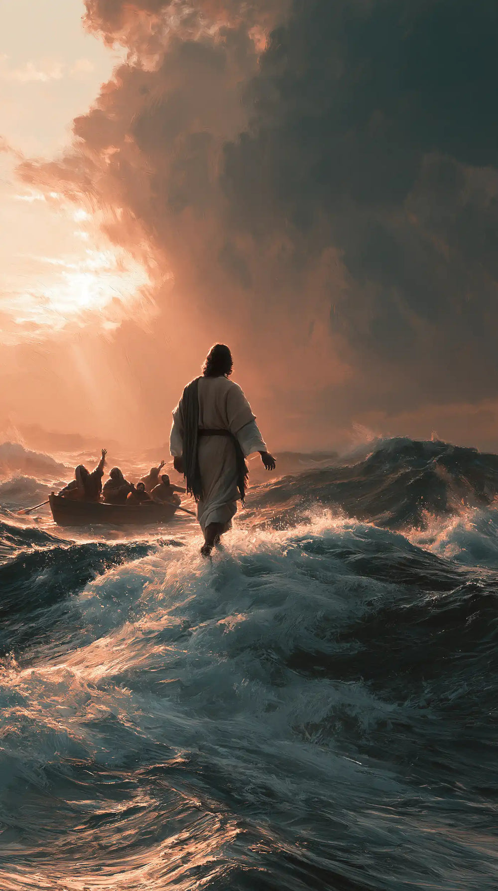 Jesus walking on water in Midnight Blue Chiaroscuro style, portrait Christian artwork no. 12