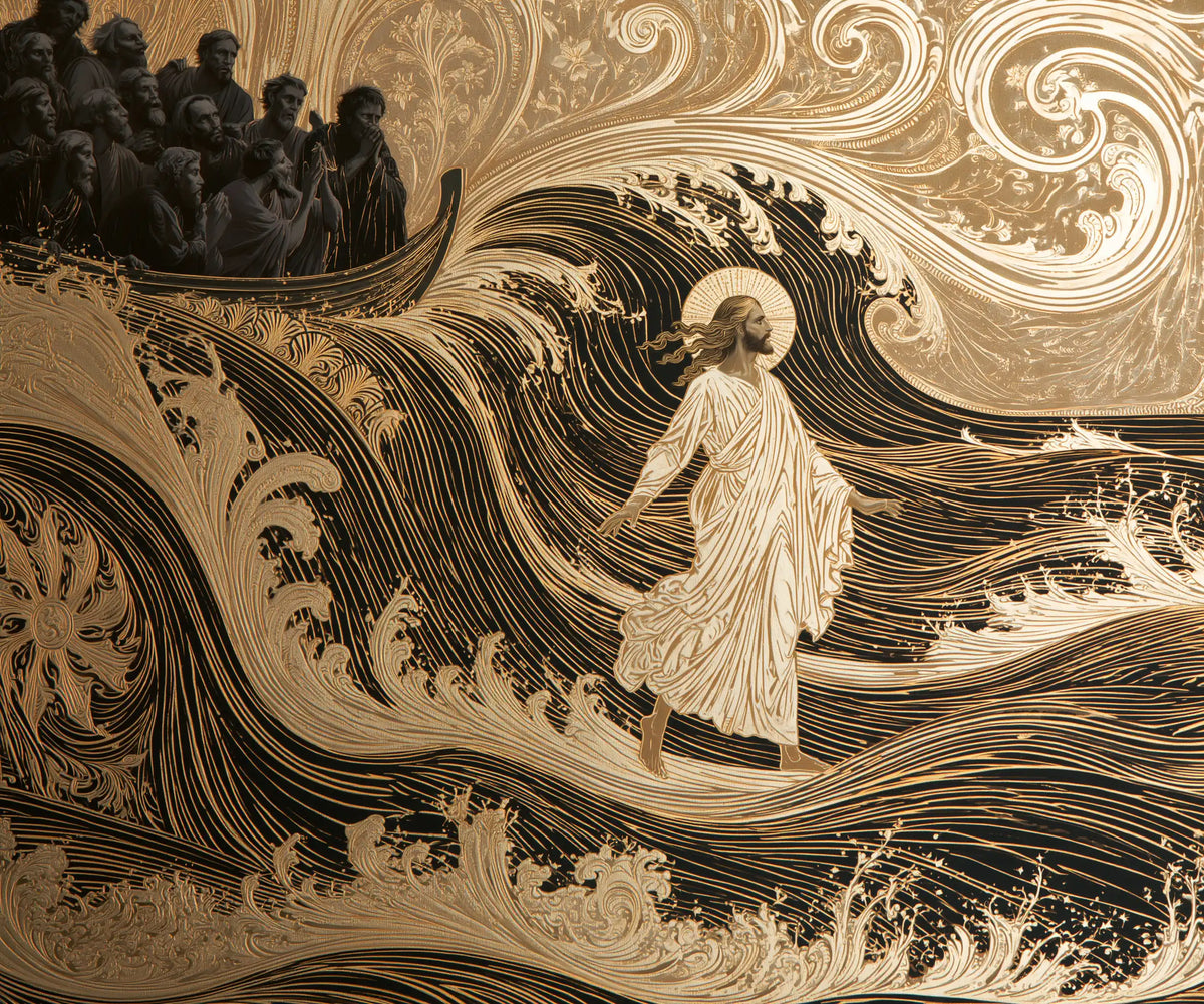 Jesus walking on water in Sacred Art Nouveau style, landscape Christian artwork no. 2